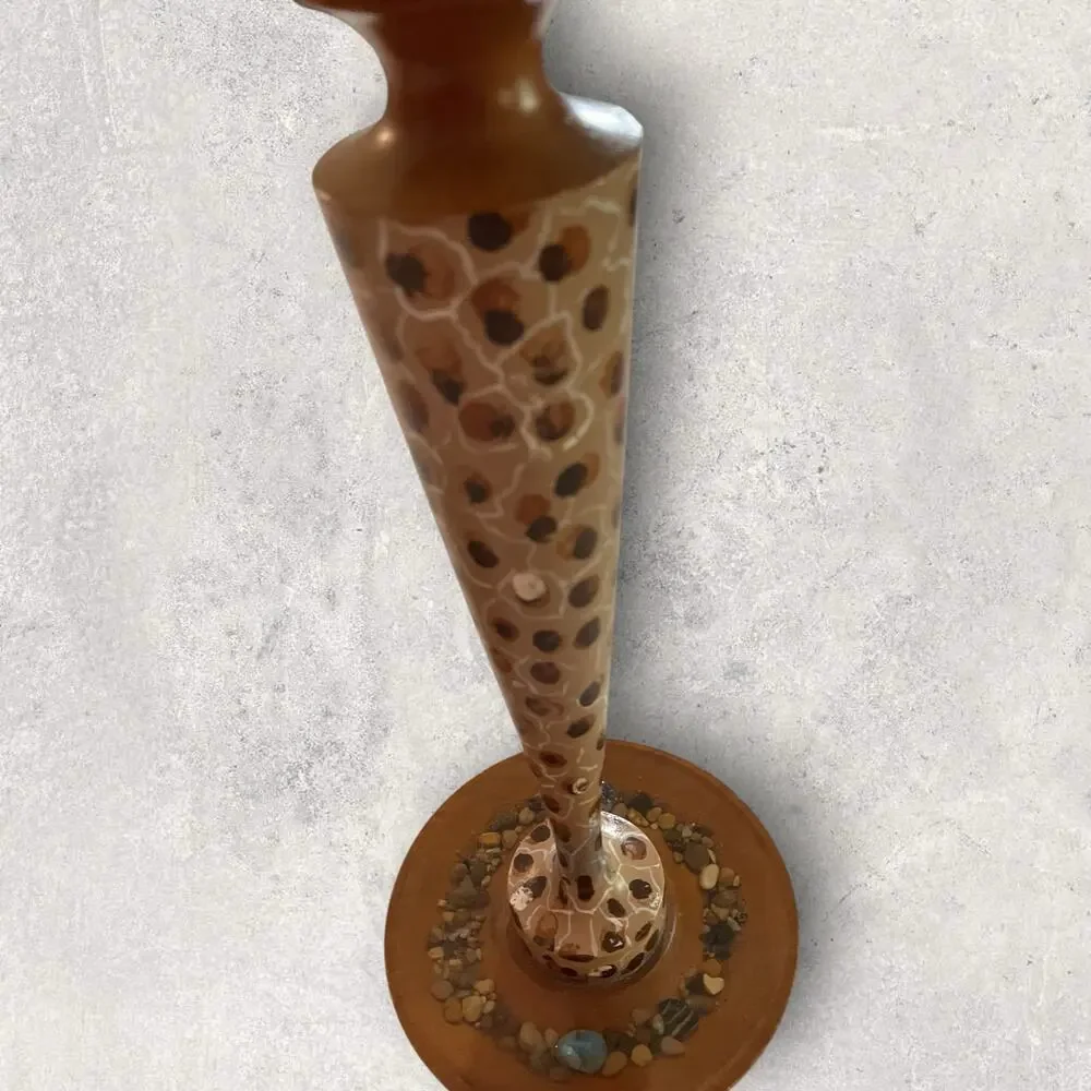 Pair Tall Brown Mosaic Pebble Candlestick Holders Boho Rustic Decor